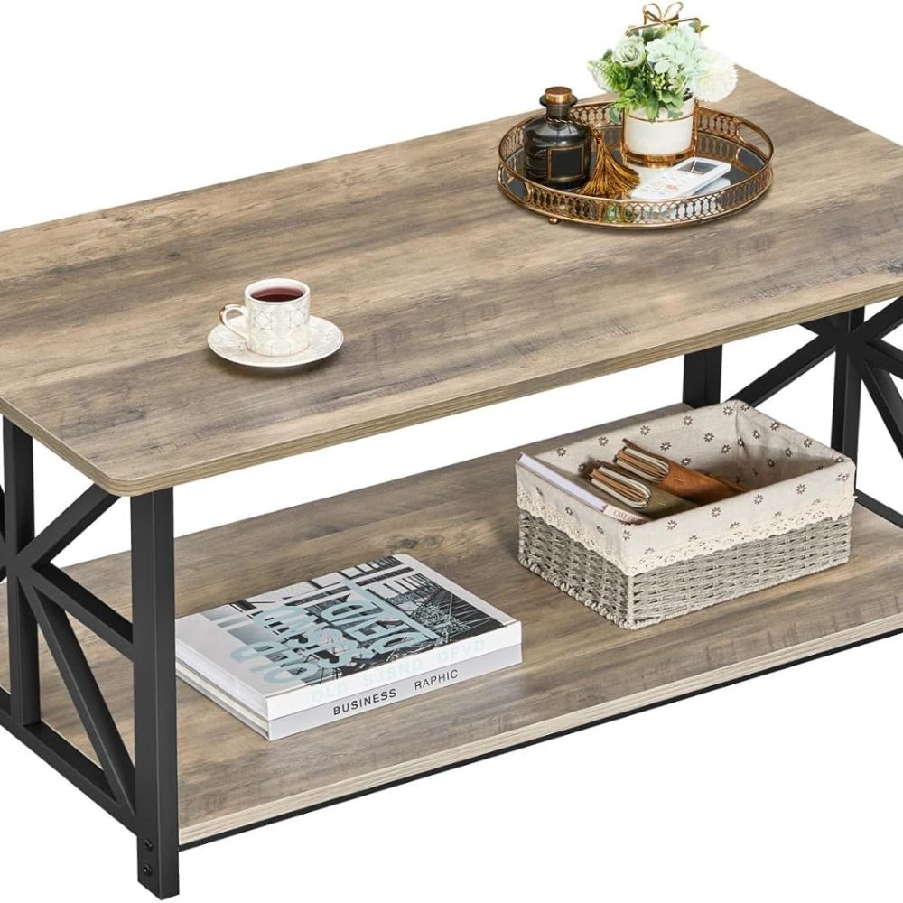 GreenForest Coffee Table for Living Room with Round Corners Farmhouse Style Center Table with Storage Shelf 39 Inch Space Saving Easy Assembly Gray Wash