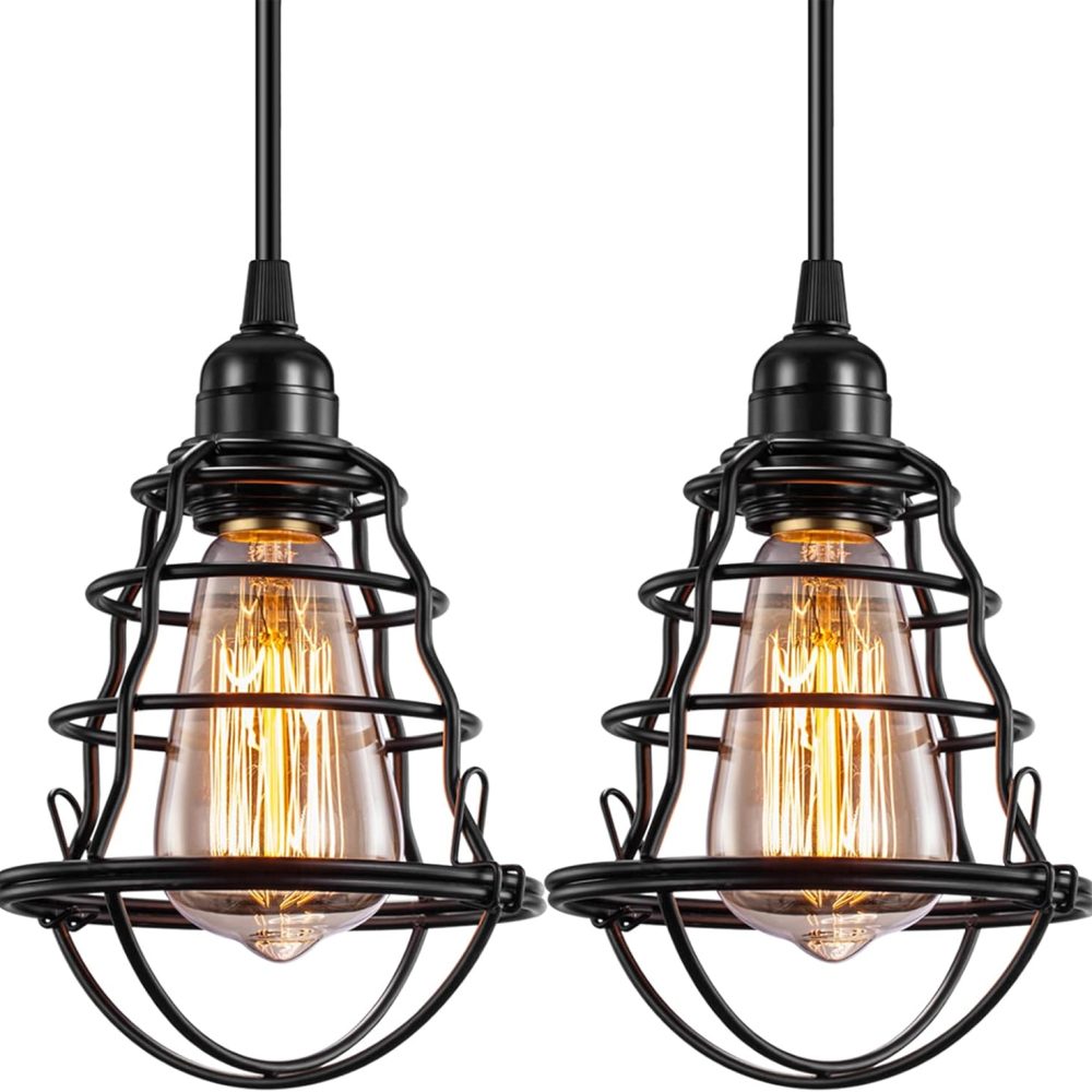 Industrial Pendant Light INNOCCY Edison Hanging Cage Pendant Lights E26 E27 Base Vintage Adjustable Pendant Lamp Fixture for Kitchen Home Lighting 2 Pack