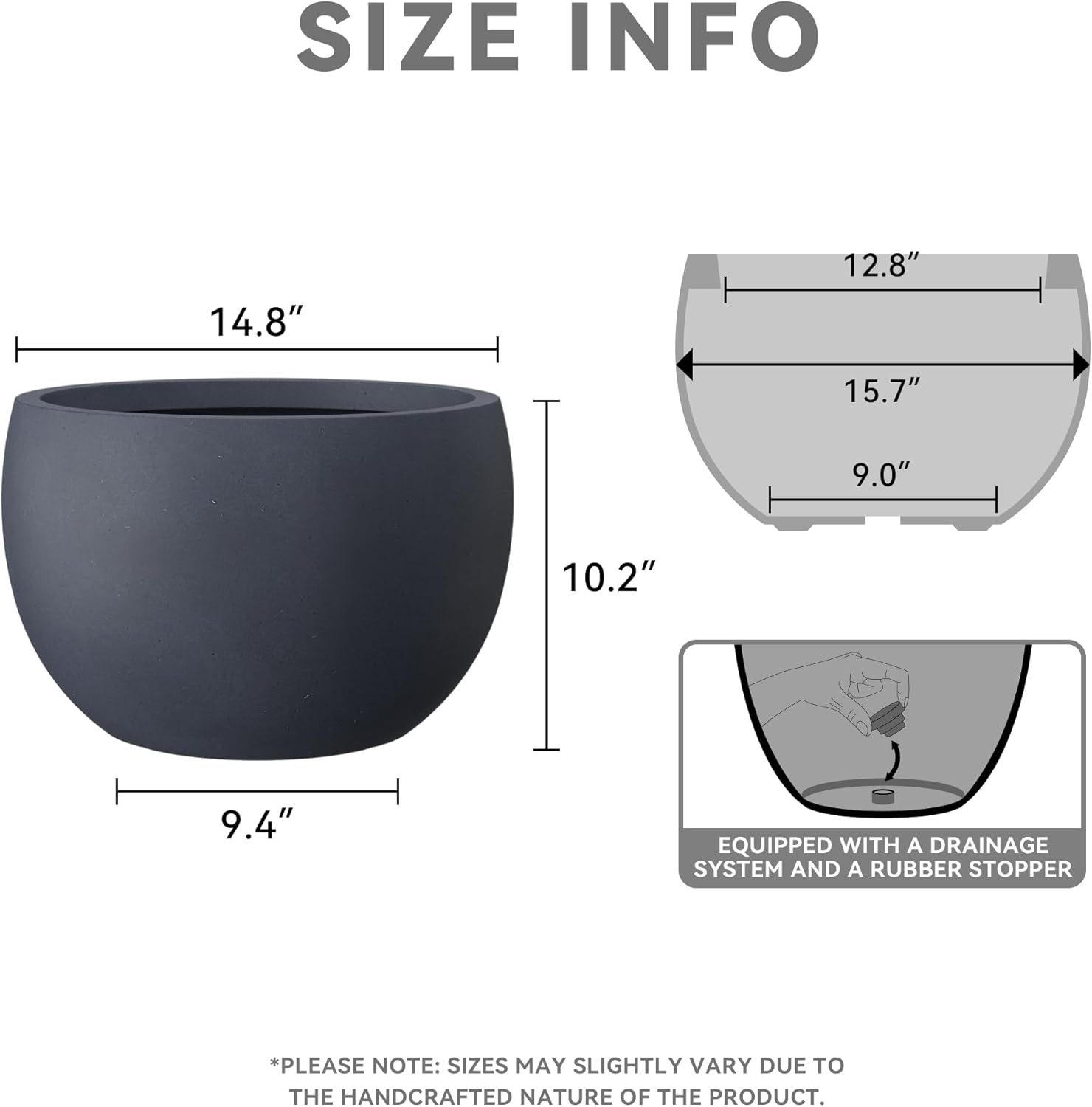 Kante 15.7" Dia Round Concrete Planter, Outdoor/Indoor Large Bowl Plant Pots with Drainage Hole and Rubber Plug for Garden Patio Balcony Home, Charcoal - Image 2