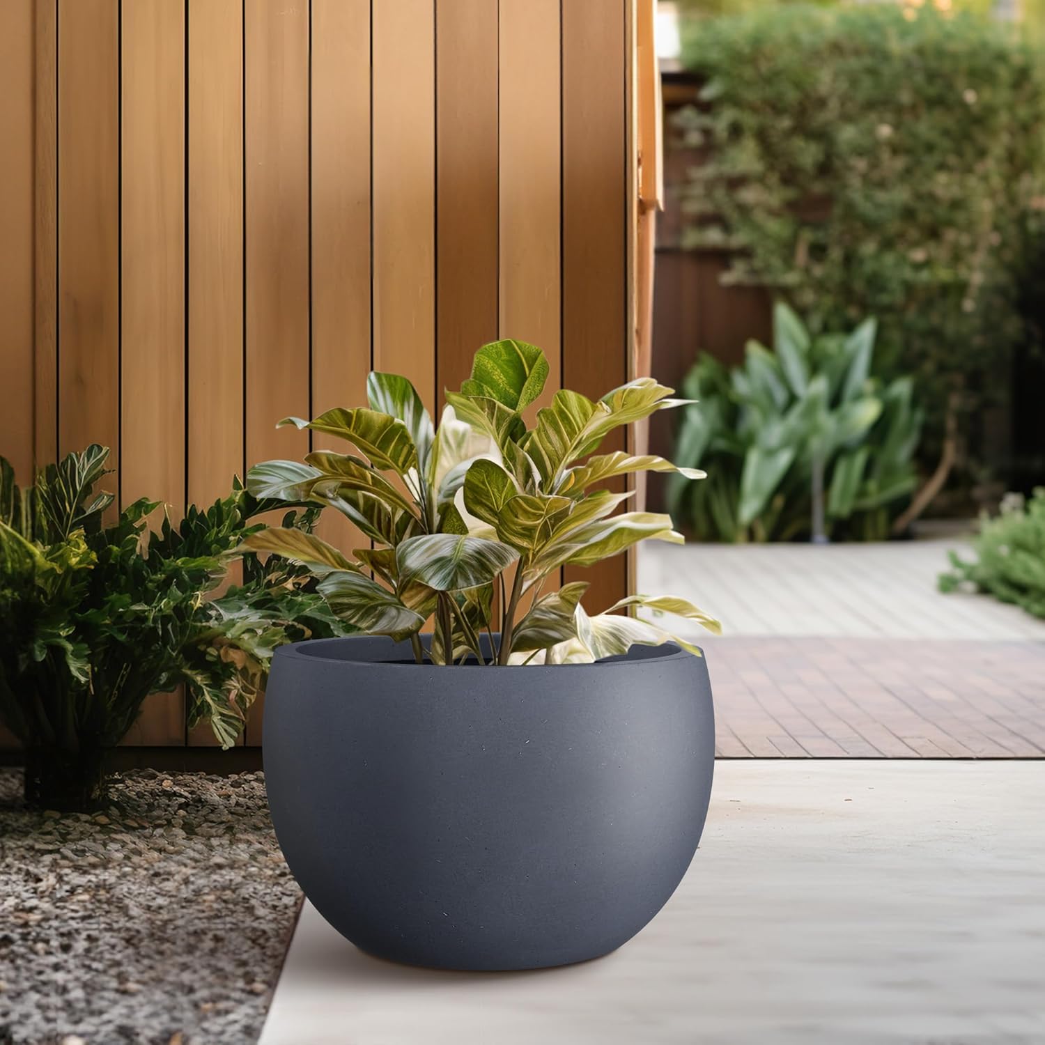 Kante 15.7" Dia Round Concrete Planter, Outdoor/Indoor Large Bowl Plant Pots with Drainage Hole and Rubber Plug for Garden Patio Balcony Home, Charcoal - Image 3