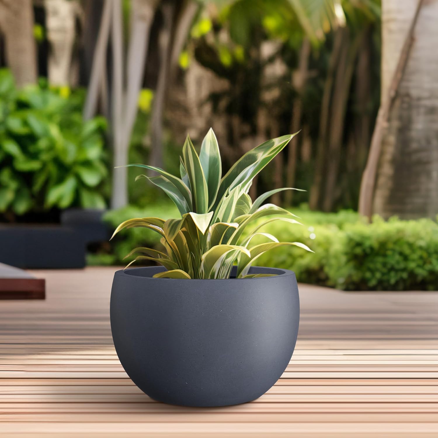 Kante 15.7" Dia Round Concrete Planter, Outdoor/Indoor Large Bowl Plant Pots with Drainage Hole and Rubber Plug for Garden Patio Balcony Home, Charcoal - Image 4