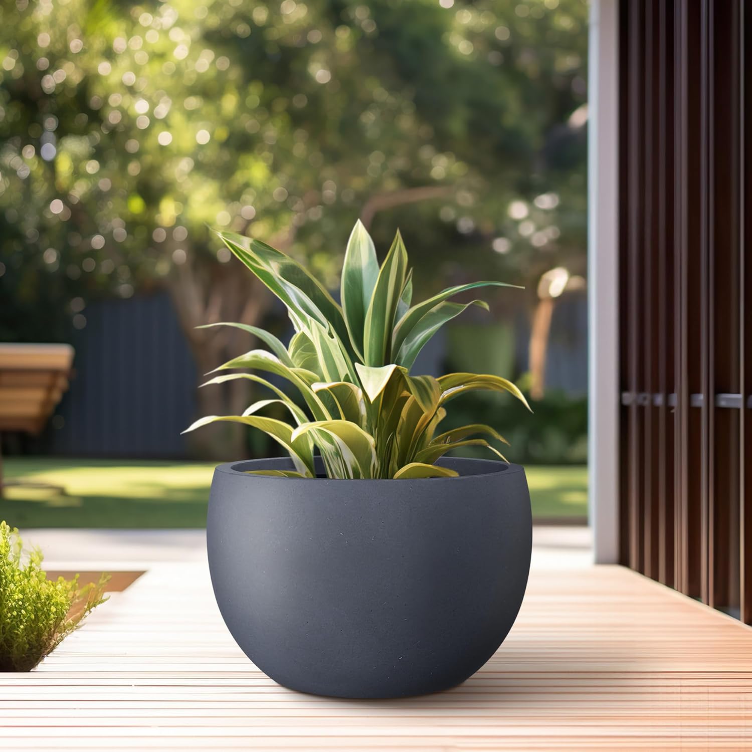Kante 15.7" Dia Round Concrete Planter, Outdoor/Indoor Large Bowl Plant Pots with Drainage Hole and Rubber Plug for Garden Patio Balcony Home, Charcoal - Image 5