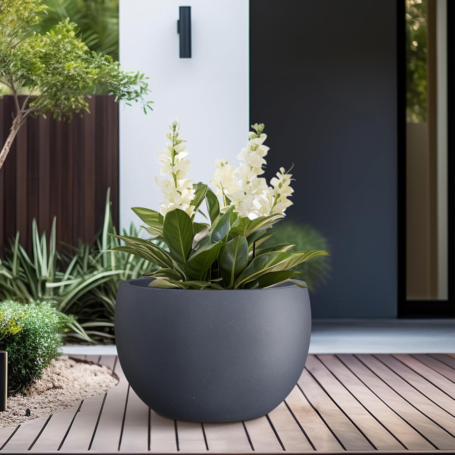 Kante 15.7" Dia Round Concrete Planter, Outdoor/Indoor Large Bowl Plant Pots with Drainage Hole and Rubber Plug for Garden Patio Balcony Home, Charcoal - Image 6