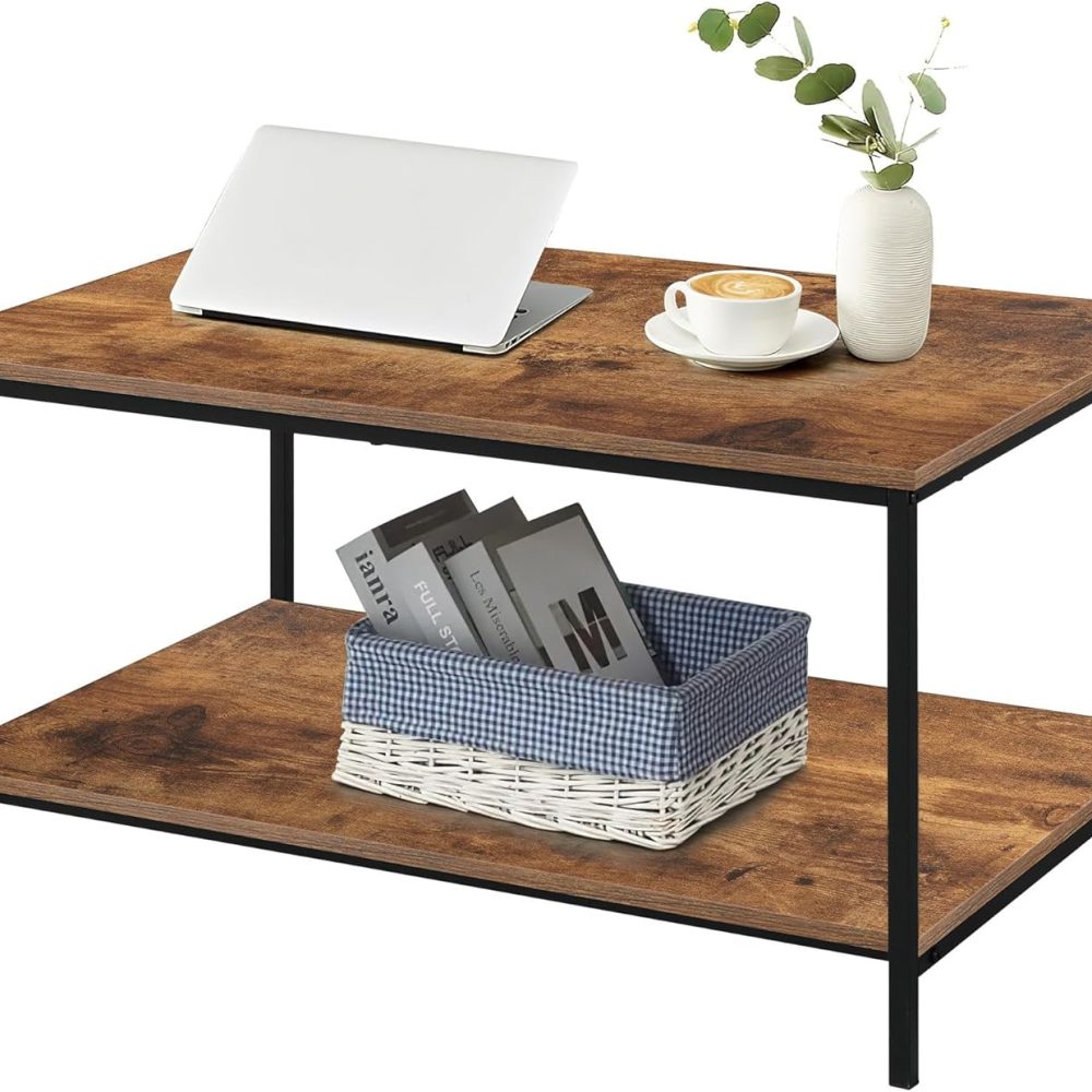 SENIG Small Brown Rectangle Wood and Metal Coffee Table with Storage Shelf for Small Living Rooms