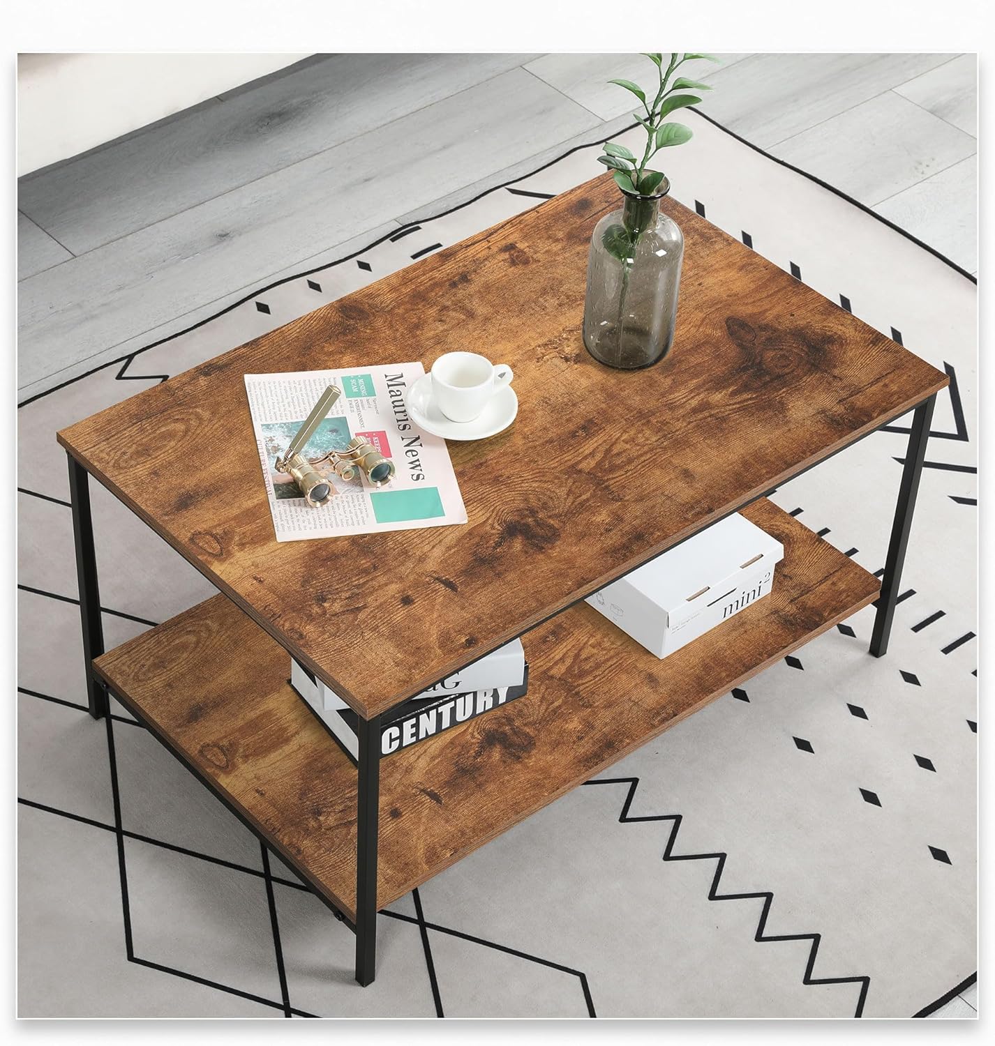 SENIG Small Brown Rectangle Wood and Metal Coffee Table with Storage Shelf for Small Living Rooms - Image 2