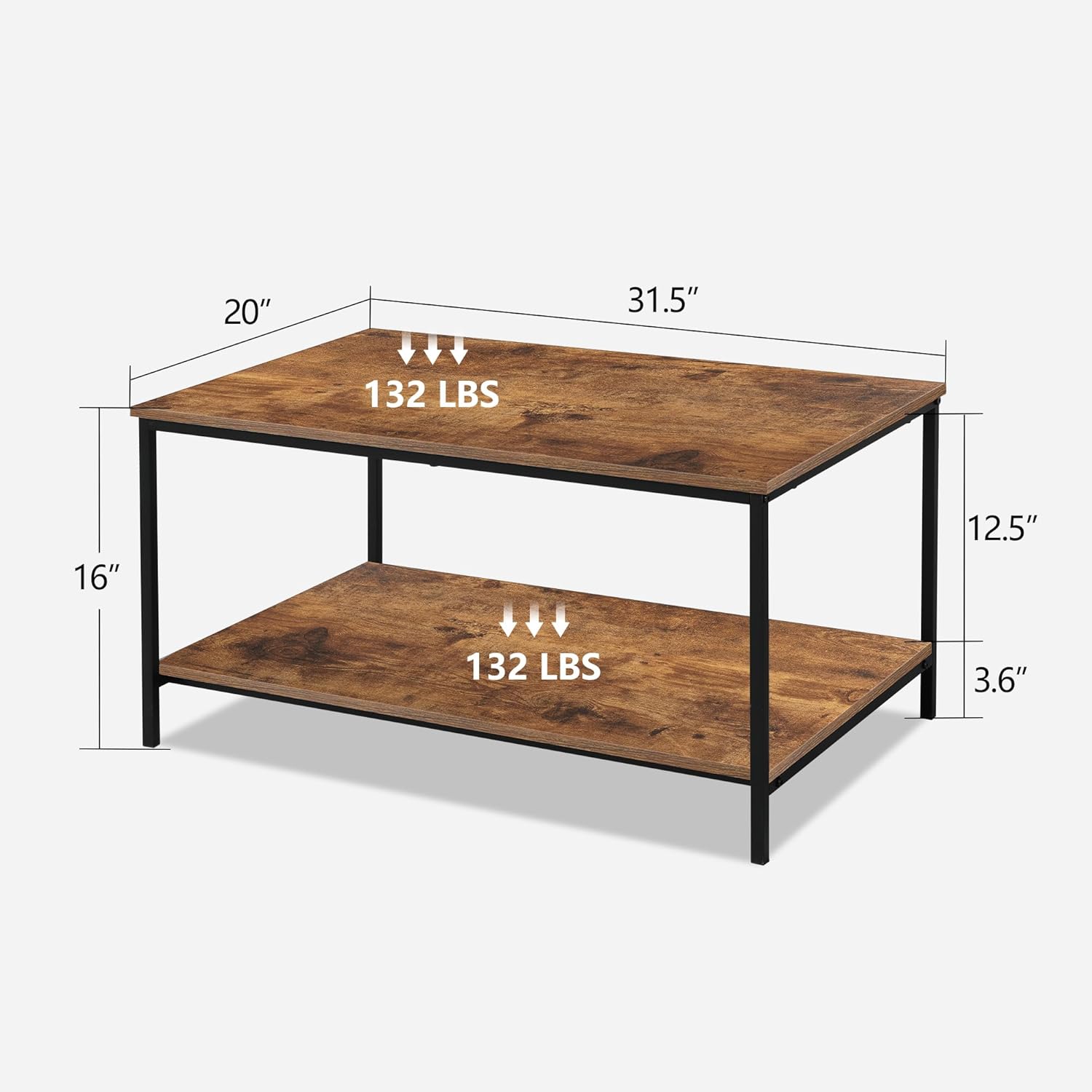 SENIG Small Brown Rectangle Wood and Metal Coffee Table with Storage Shelf for Small Living Rooms - Image 3