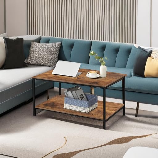 SENIG Small Brown Rectangle Wood and Metal Coffee Table with Storage Shelf for Small Living Rooms - Image 6