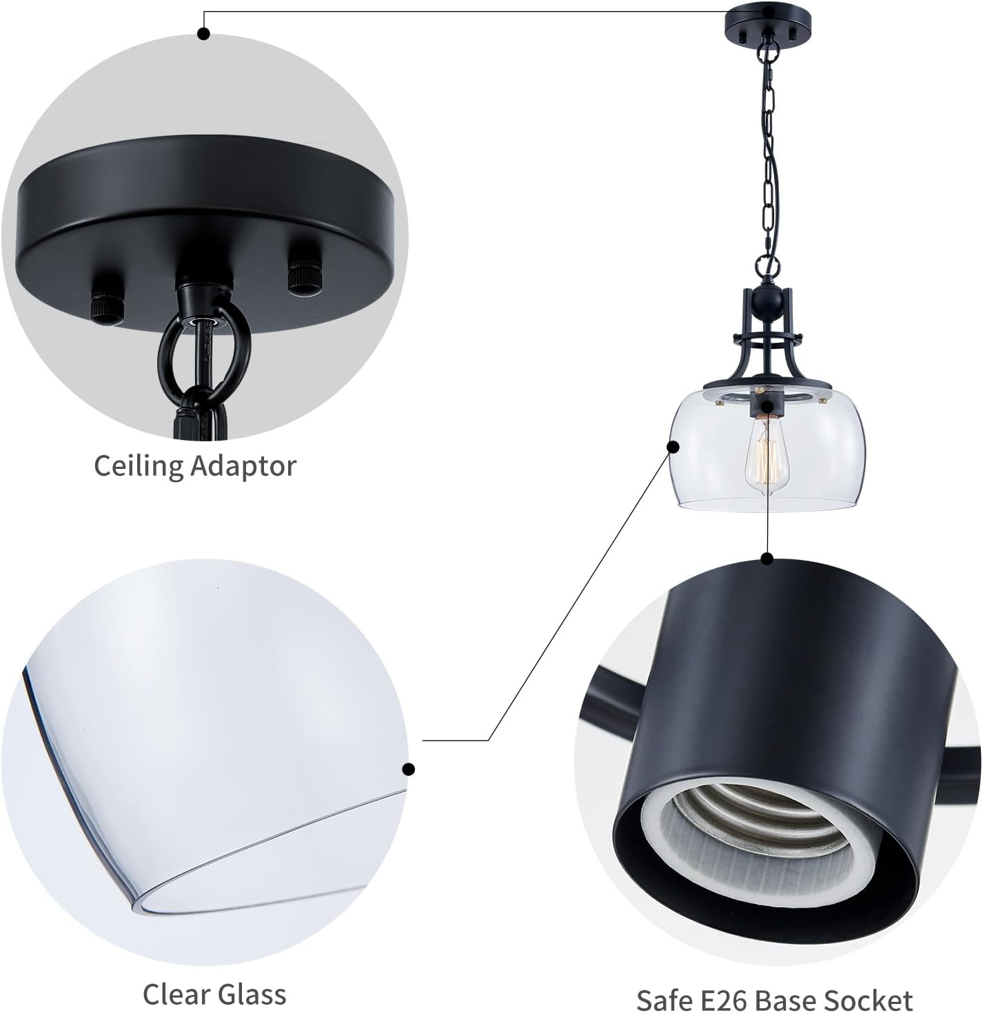 WUZUPS Chandelier Rustic Farmhouse Industrial Round Ceiling Pendant LED Light Fixture with Clear Glass Shades for Dining Room Kitchen Island Foyer Entryway, H 13" x W 10", E26 Base, Black - Image 3