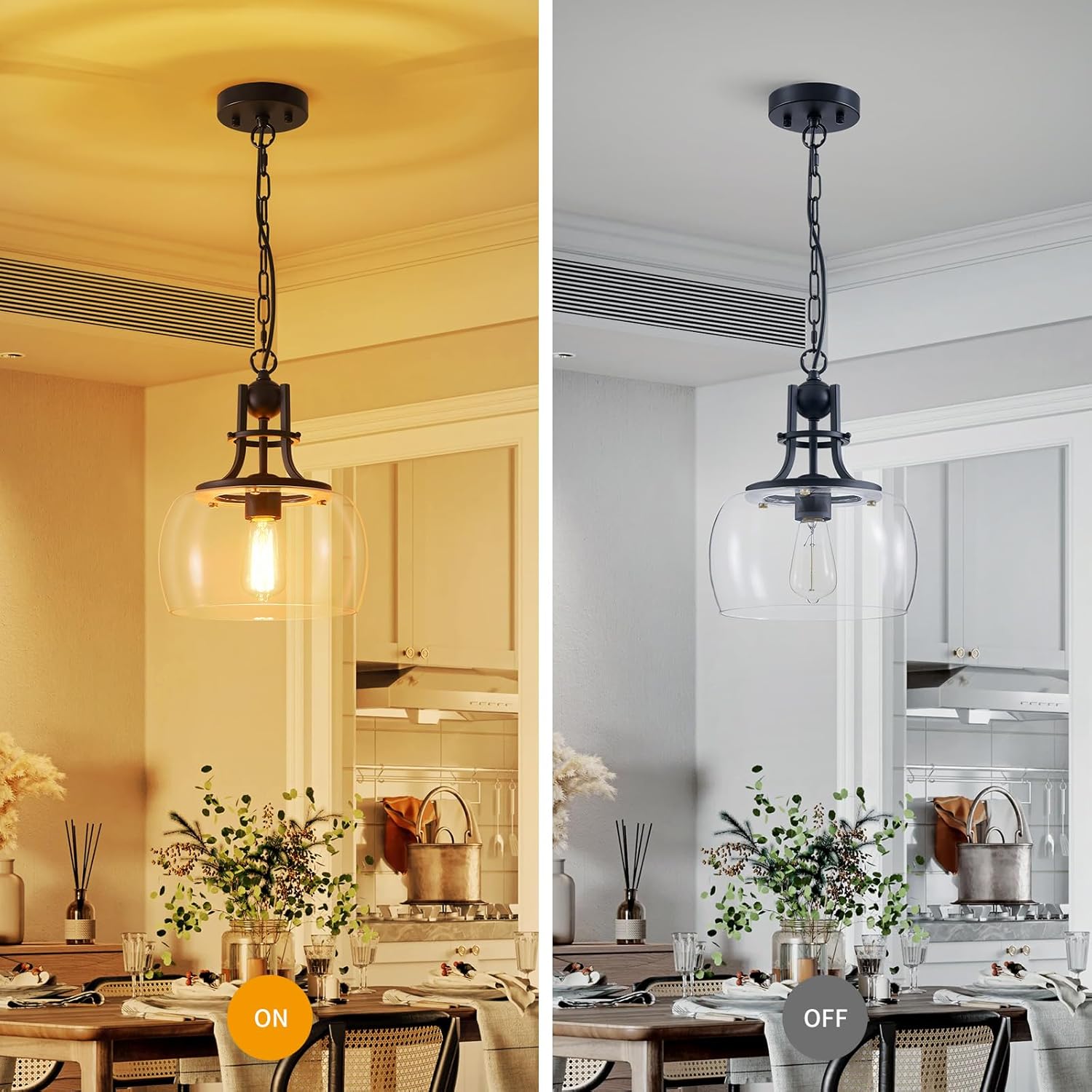 WUZUPS Chandelier Rustic Farmhouse Industrial Round Ceiling Pendant LED Light Fixture with Clear Glass Shades for Dining Room Kitchen Island Foyer Entryway, H 13" x W 10", E26 Base, Black - Image 4