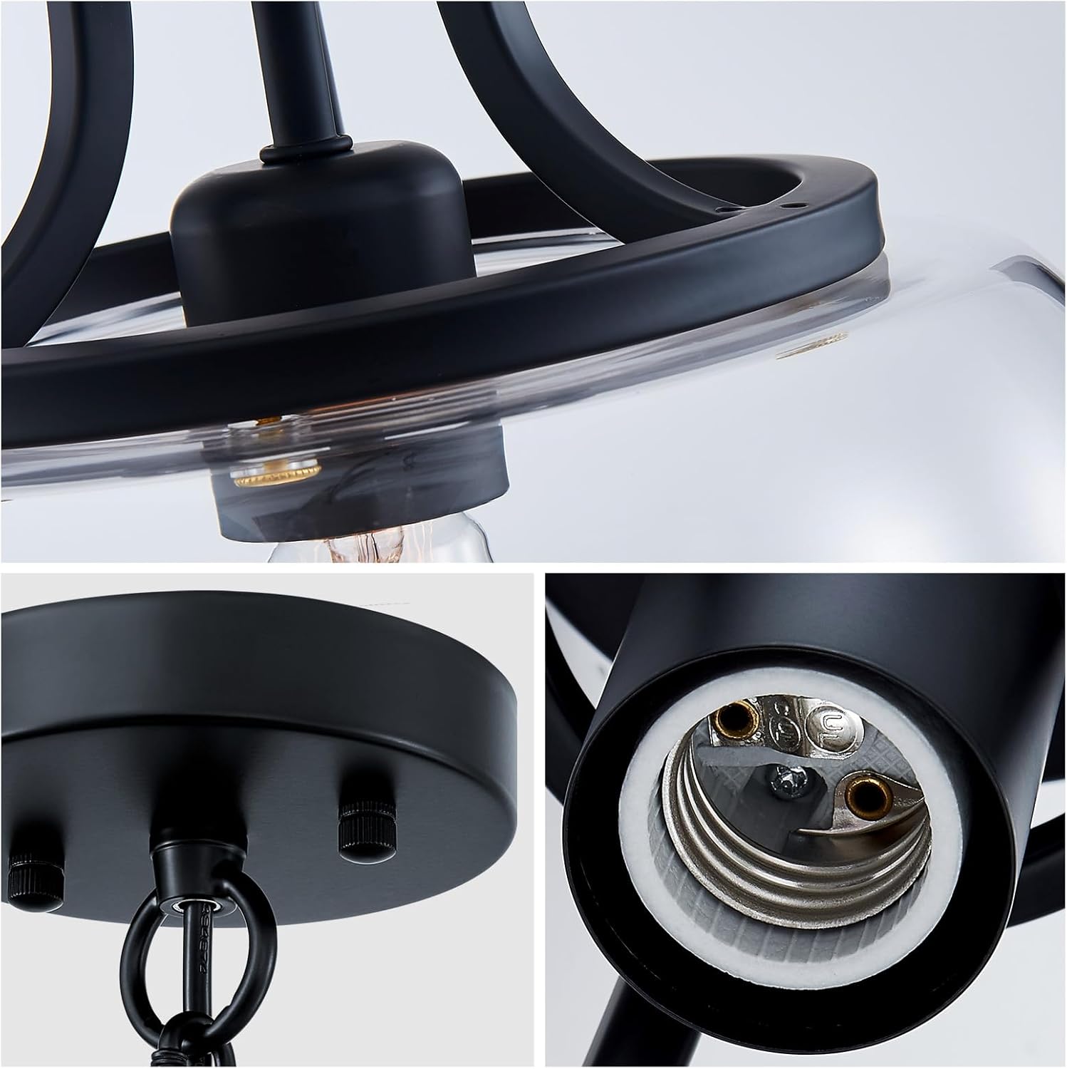 WUZUPS Chandelier Rustic Farmhouse Industrial Round Ceiling Pendant LED Light Fixture with Clear Glass Shades for Dining Room Kitchen Island Foyer Entryway, H 13" x W 10", E26 Base, Black - Image 5