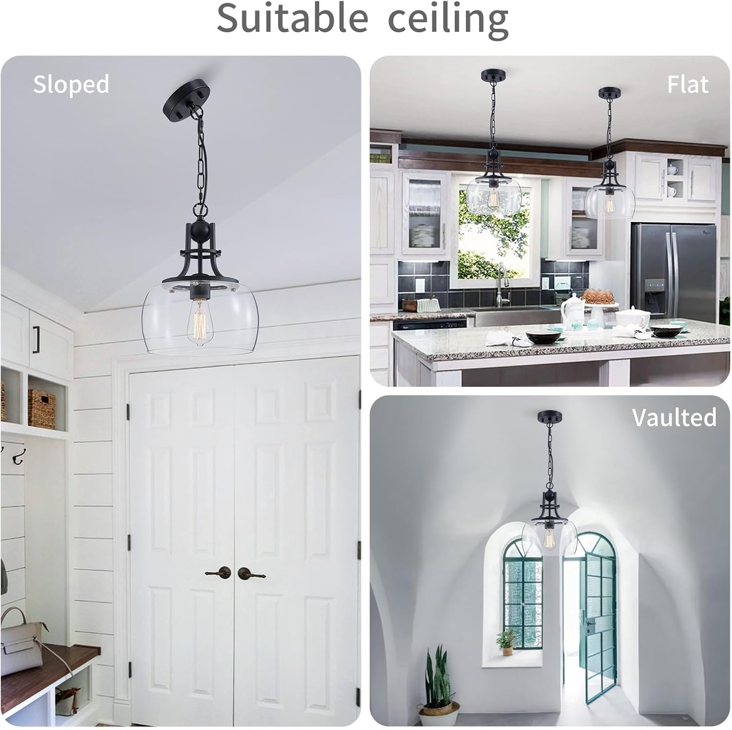 WUZUPS Chandelier Rustic Farmhouse Industrial Round Ceiling Pendant LED Light Fixture with Clear Glass Shades for Dining Room Kitchen Island Foyer Entryway, H 13" x W 10", E26 Base, Black - Image 6