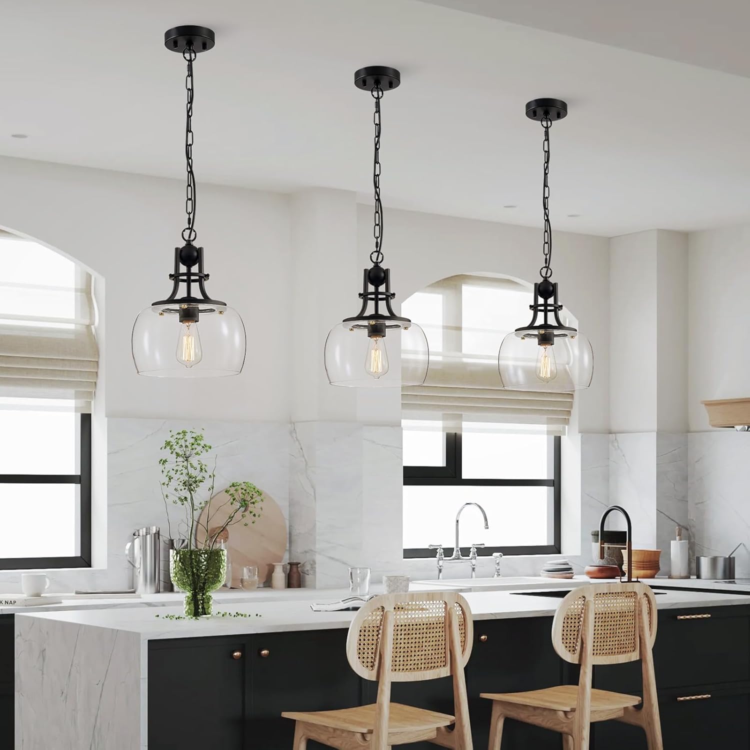 WUZUPS Chandelier Rustic Farmhouse Industrial Round Ceiling Pendant LED Light Fixture with Clear Glass Shades for Dining Room Kitchen Island Foyer Entryway, H 13" x W 10", E26 Base, Black - Image 8