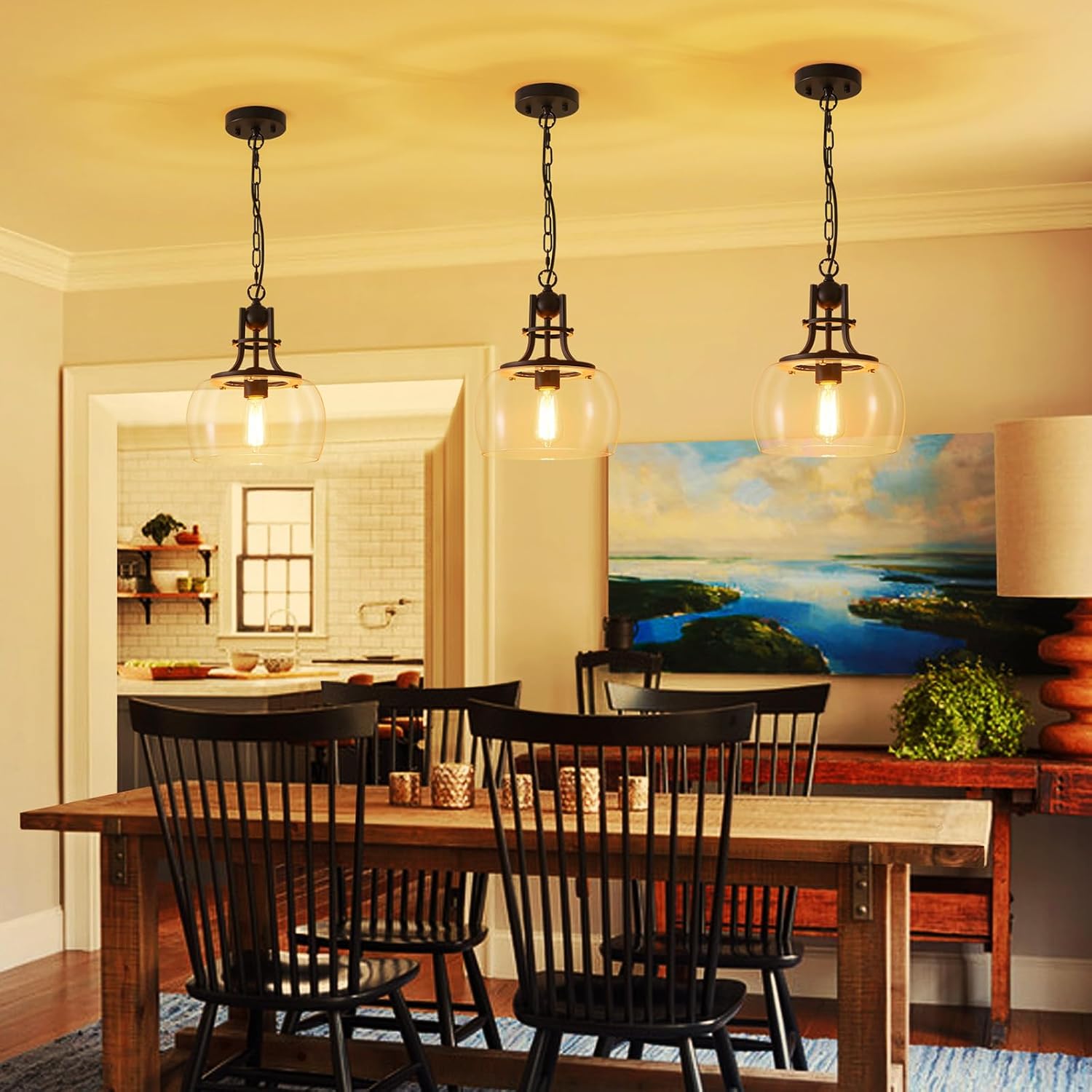 WUZUPS Chandelier Rustic Farmhouse Industrial Round Ceiling Pendant LED Light Fixture with Clear Glass Shades for Dining Room Kitchen Island Foyer Entryway, H 13" x W 10", E26 Base, Black - Image 9